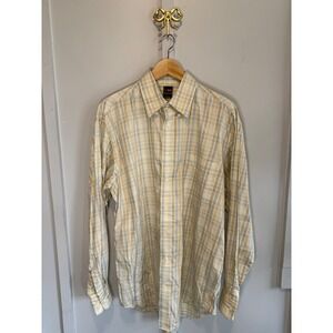 T Harris London Mens XL Plaid Button Down Shirt Tan Blue Cotton Long Sleeve